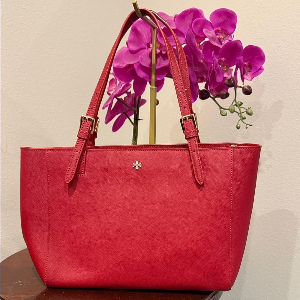 Tory Burch Red Leather Tote Bag laptop work tablet designer purse handbag